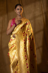 Lemon Yellow Katan Silk Banarasi Saree with Floral Pichwai Motifs