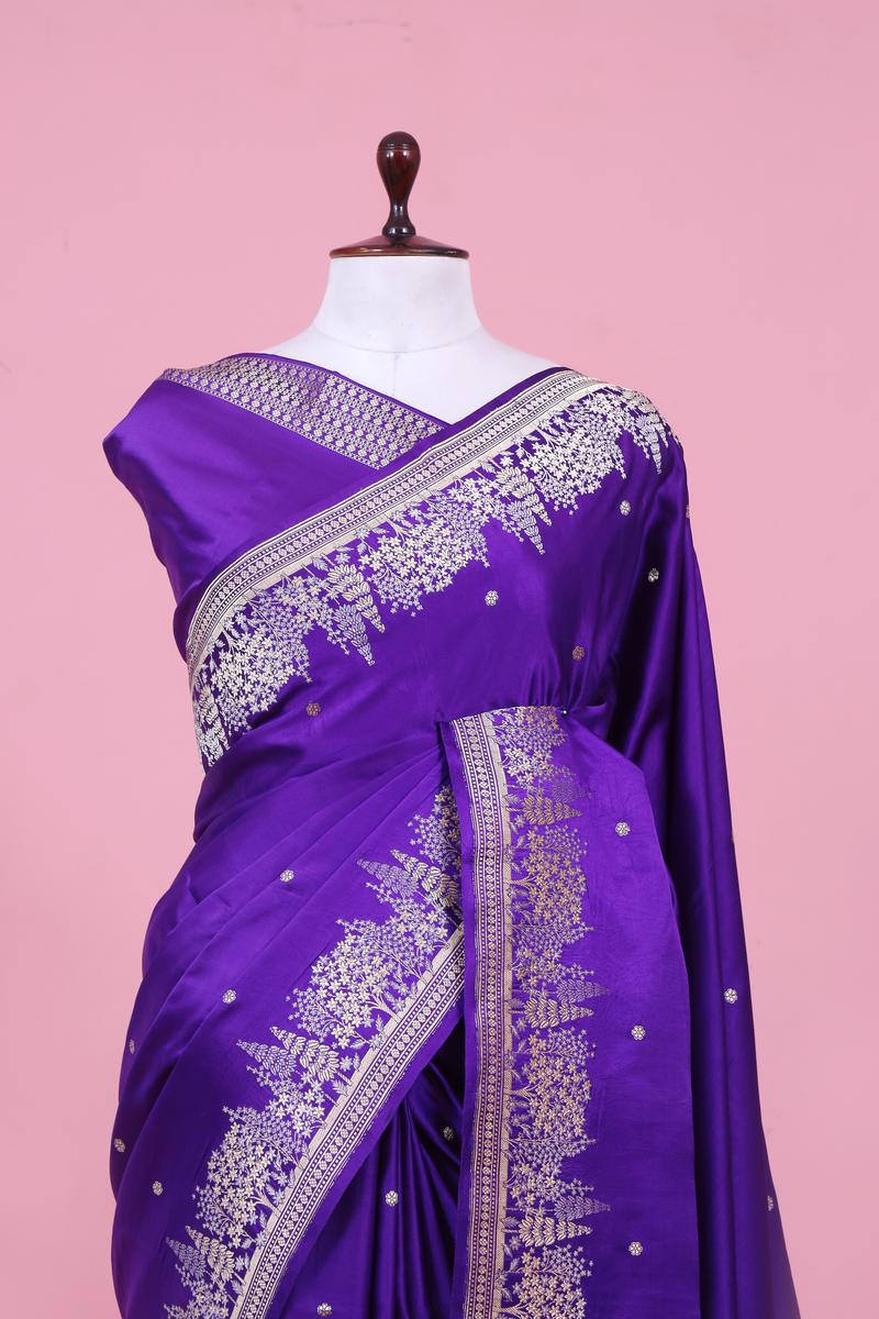 Purple Handloom Satin Silk Banarasi Saree with Tree Motifs