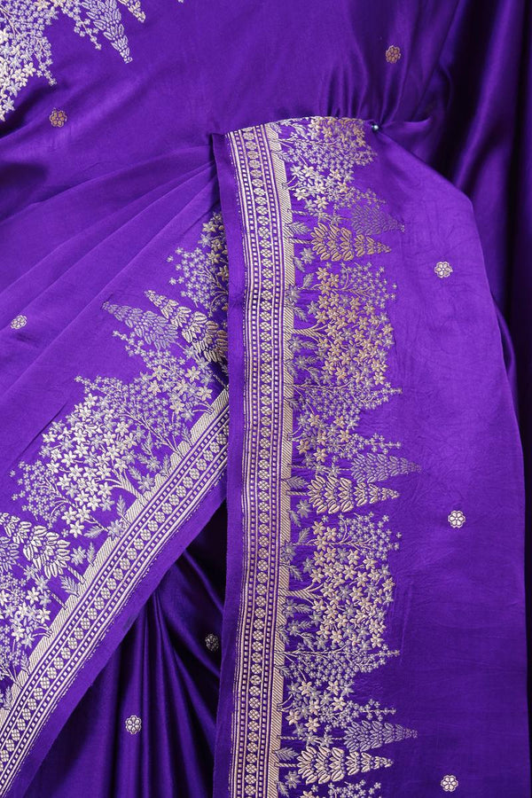 Purple Handloom Satin Silk Banarasi Saree with Tree Motifs