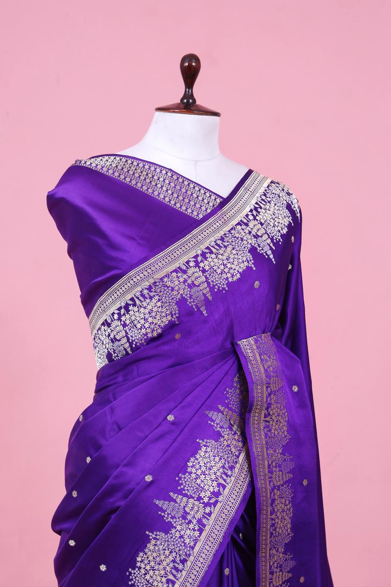 Purple Handloom Satin Silk Banarasi Saree with Tree Motifs