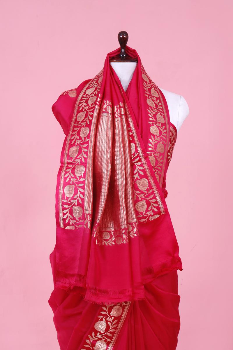 Magenta Pink Handloom Satin Silk Banarasi Saree with Floral Border