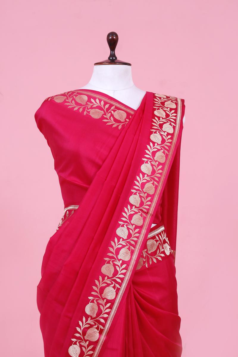 Magenta Pink Handloom Satin Silk Banarasi Saree with Floral Border