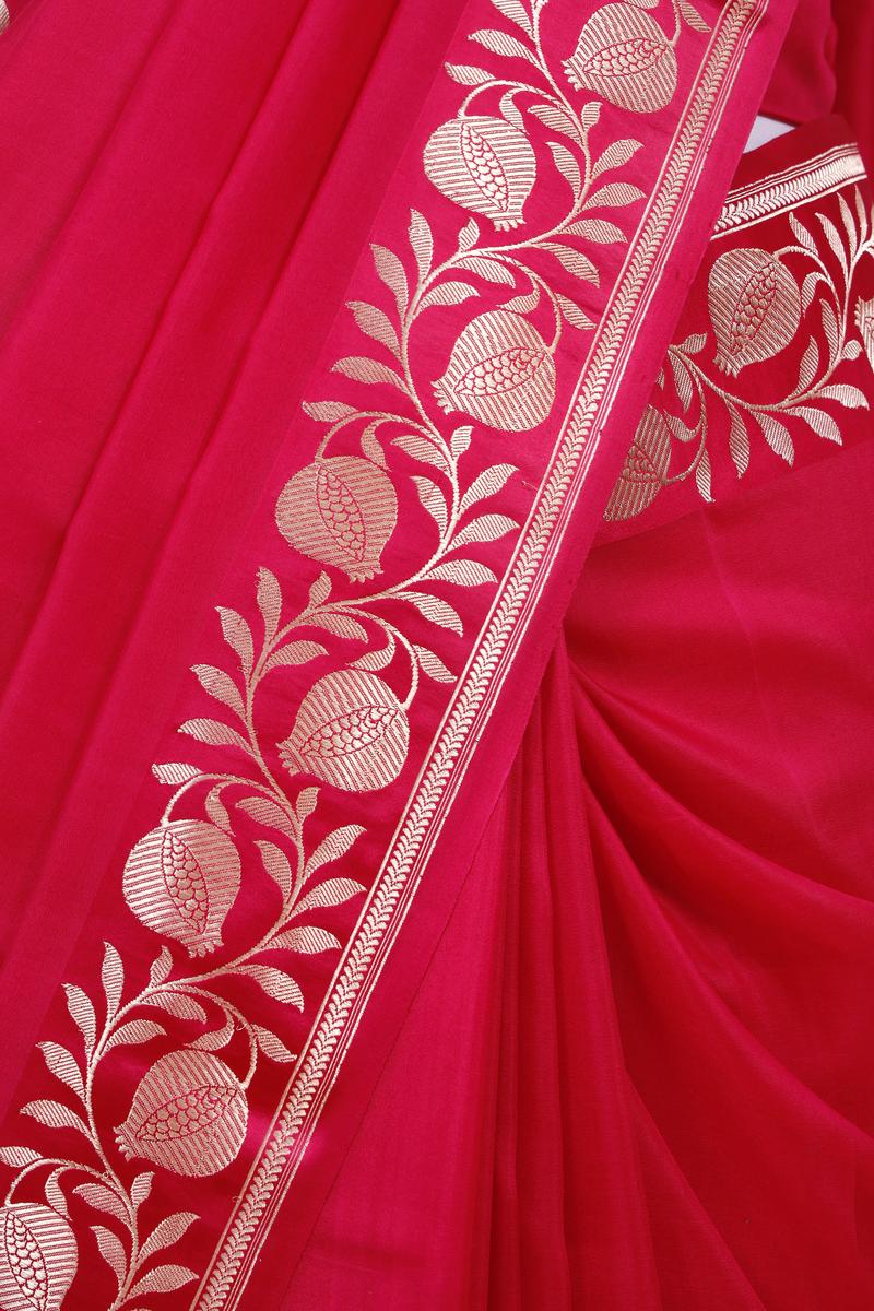 Magenta Pink Handloom Satin Silk Banarasi Saree with Floral Border