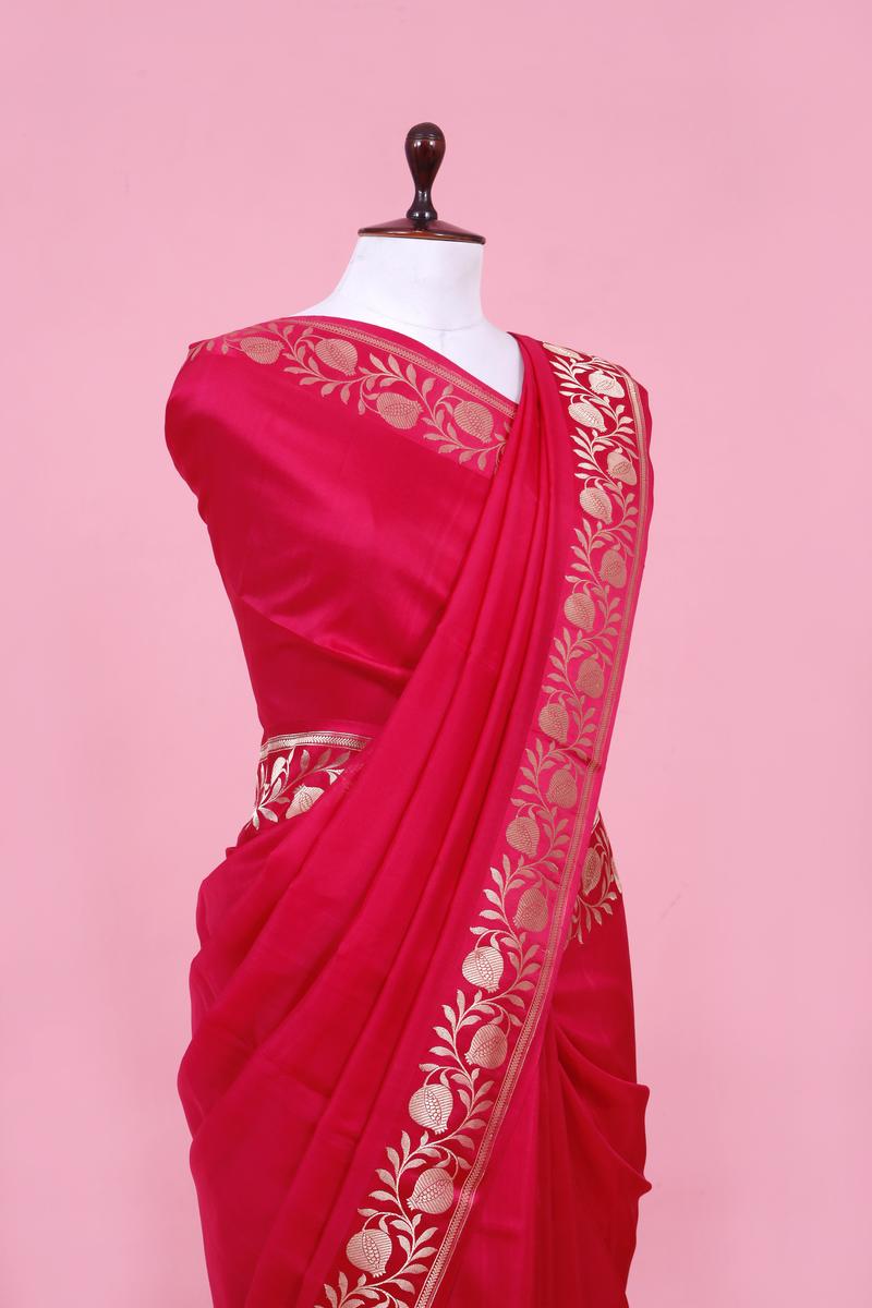 Magenta Pink Handloom Satin Silk Banarasi Saree with Floral Border