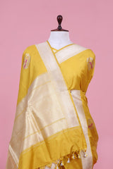 Yellow Handloom Katan Silk Banarasi Saree with Silver Zari Bird Motifs