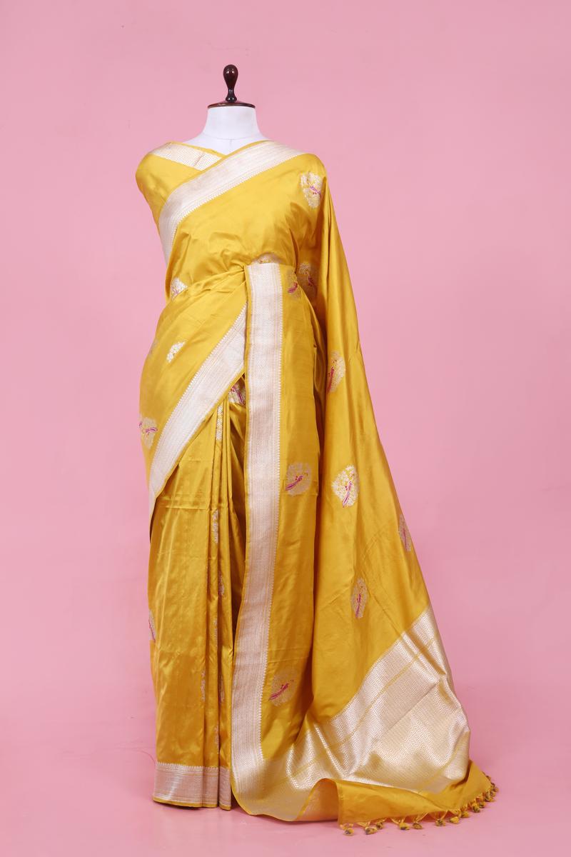 Banarasi Silk Saree, Banarasi saree, silk saree, yellow saree, wedding saree, party wear saree​