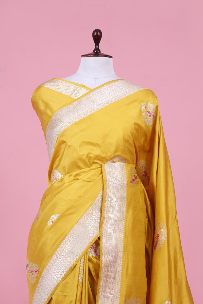 Yellow Handloom Katan Silk Banarasi Saree with Silver Zari Bird Motifs