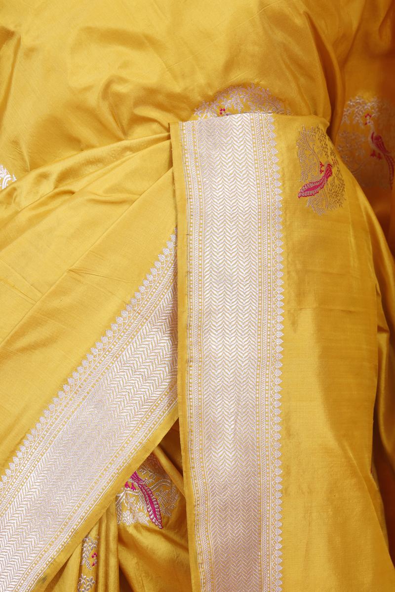 Yellow Handloom Katan Silk Banarasi Saree with Silver Zari Bird Motifs