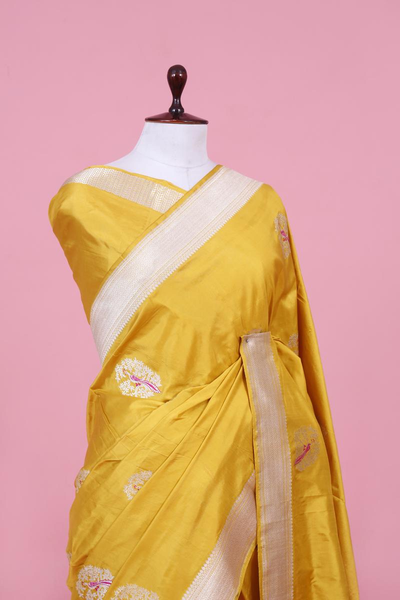 Yellow Handloom Katan Silk Banarasi Saree with Silver Zari Bird Motifs