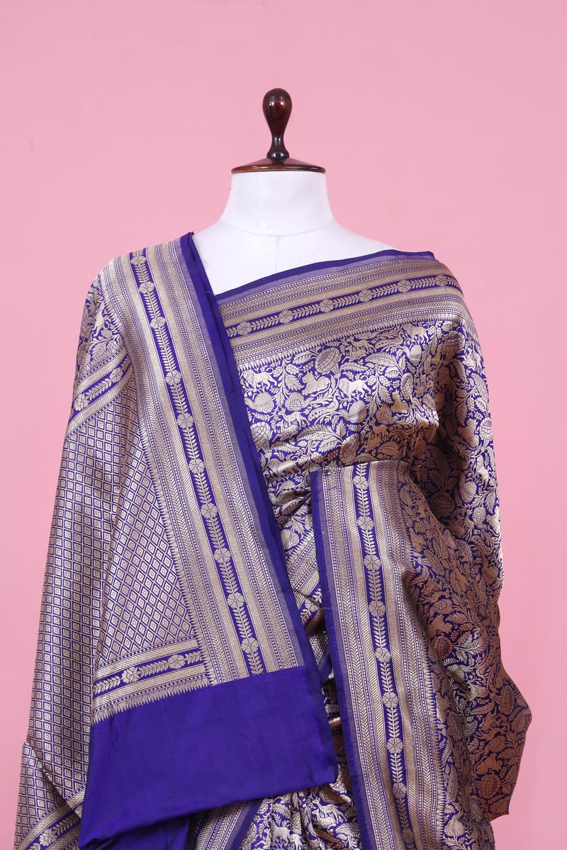 Navy Blue Handloom Banarasi Saree with Shikargah Zari Woven