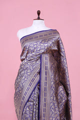 Navy Blue Handloom Banarasi Saree with Shikargah Zari Woven