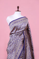 Navy Blue Handloom Banarasi Saree with Shikargah Zari Woven