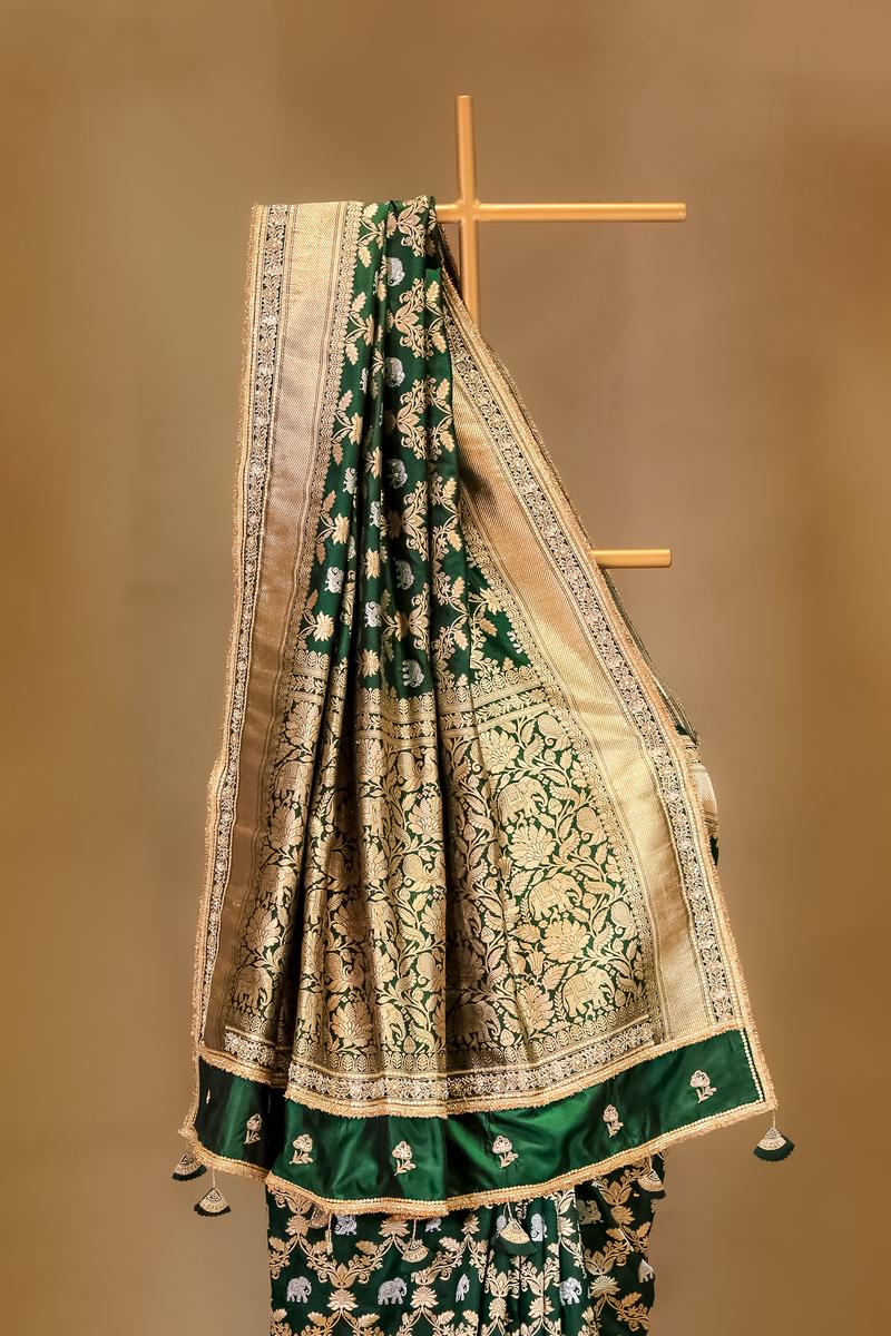 Bottle Green Handloom Katan Silk Banarasi Saree with Gaja and Mayur Motifs