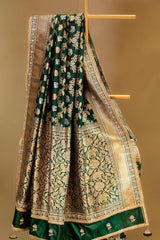 Bottle Green Handloom Katan Silk Banarasi Saree with Gaja and Mayur Motifs