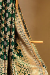 Bottle Green Handloom Katan Silk Banarasi Saree with Gaja and Mayur Motifs