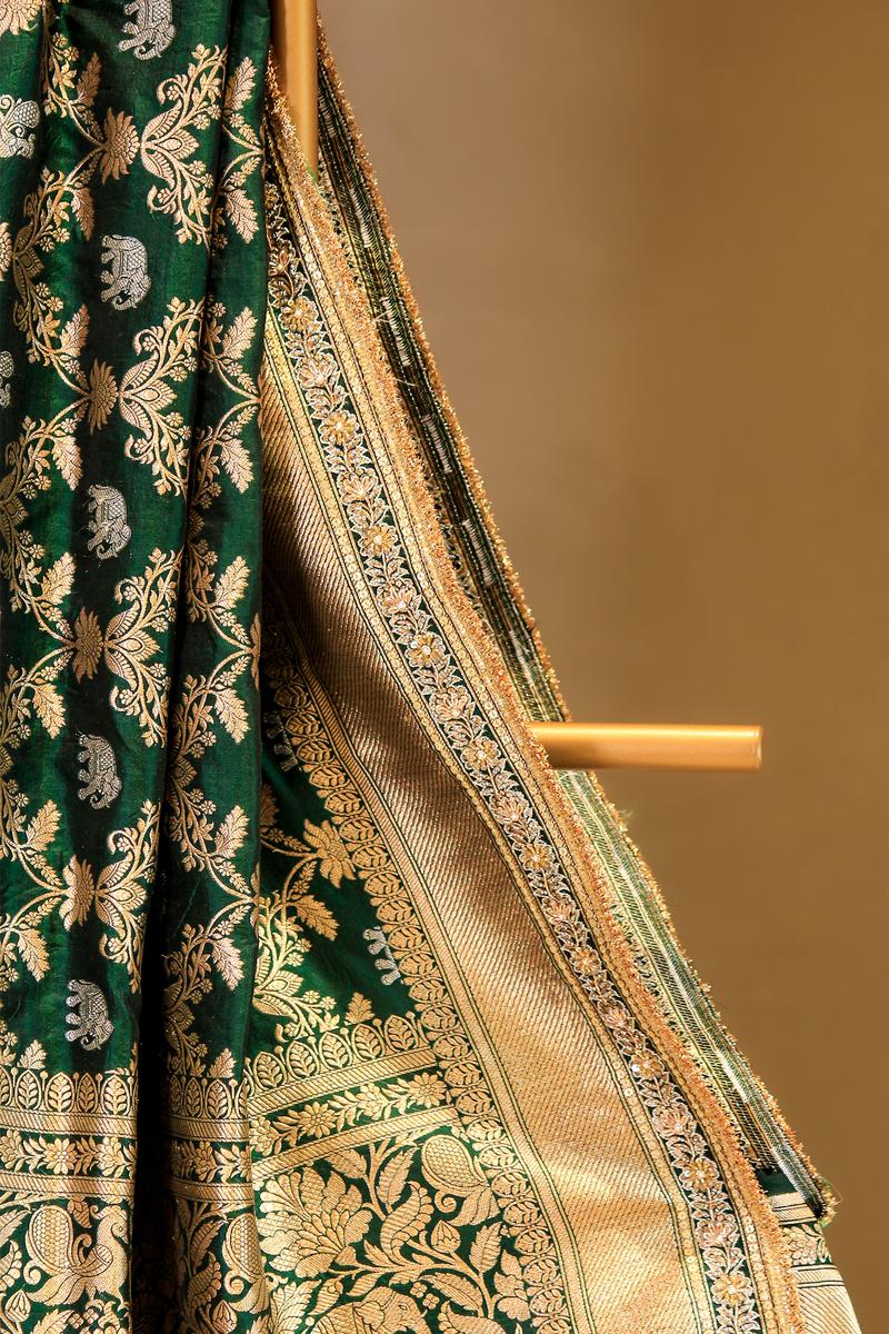 Bottle Green Handloom Katan Silk Banarasi Saree with Gaja and Mayur Motifs