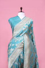 Sky Blue Handloom Katan Silk Banarasi Saree with Shikargah Zari Work