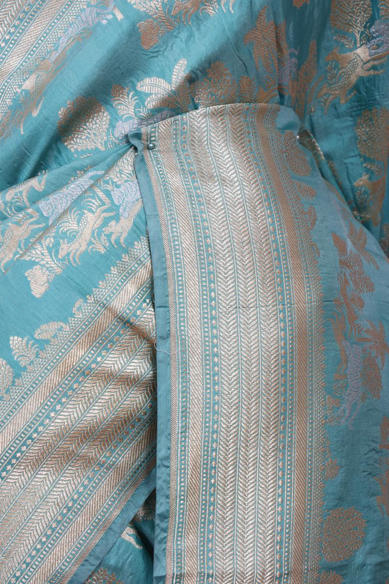 Sky Blue Handloom Katan Silk Banarasi Saree with Shikargah Zari Work