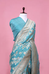 Sky Blue Handloom Katan Silk Banarasi Saree with Shikargah Zari Work