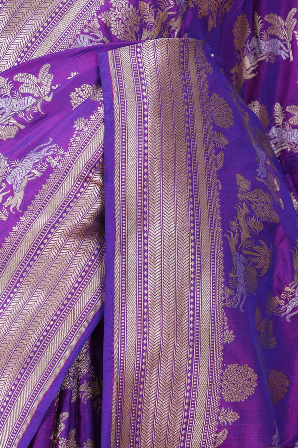 Purple Handloom Katan Silk Banarasi Saree with Shikargah Zari work