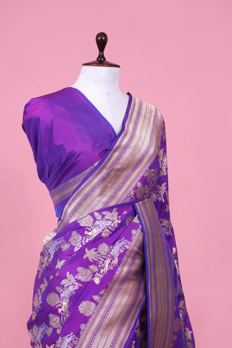 Purple Handloom Katan Silk Banarasi Saree with Shikargah Zari work