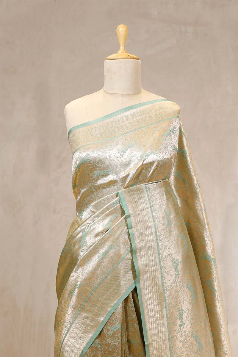 Pistachio Green Handloom Katan Silk Banarasi Saree with Shikargah Brocade Work