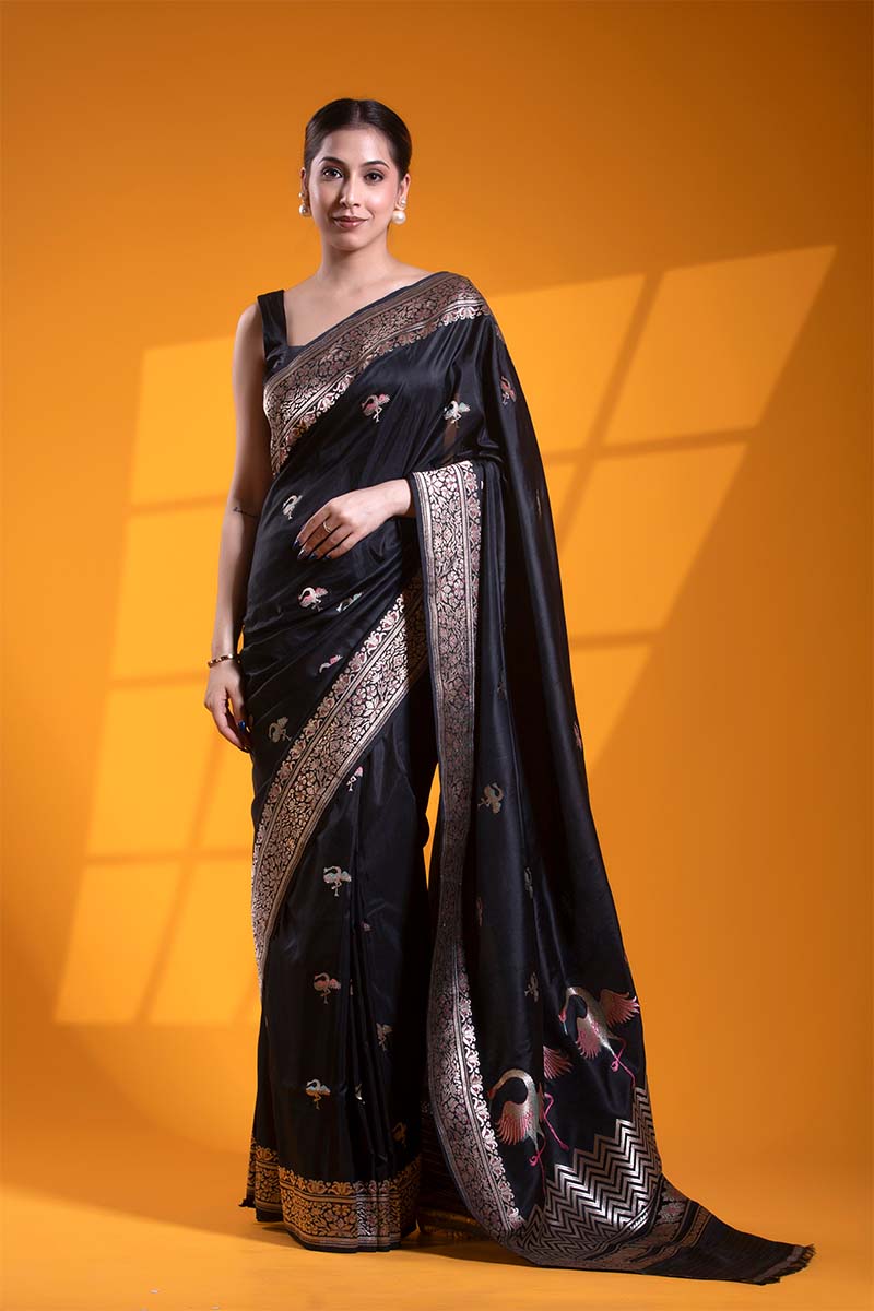 Banarasi Silk Saree, Banarasi saree, silk saree, bird saree, Black saree, wedding saree, party wear saree​