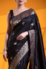 Black Handloom Katan Silk Banarasi Saree with Ustra Pakshi Motifs