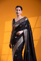 Black Handloom Katan Silk Banarasi Saree with Ustra Pakshi Motifs