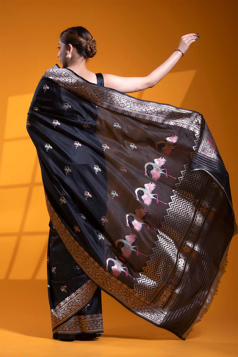 Black Handloom Katan Silk Banarasi Saree with Ustra Pakshi Motifs