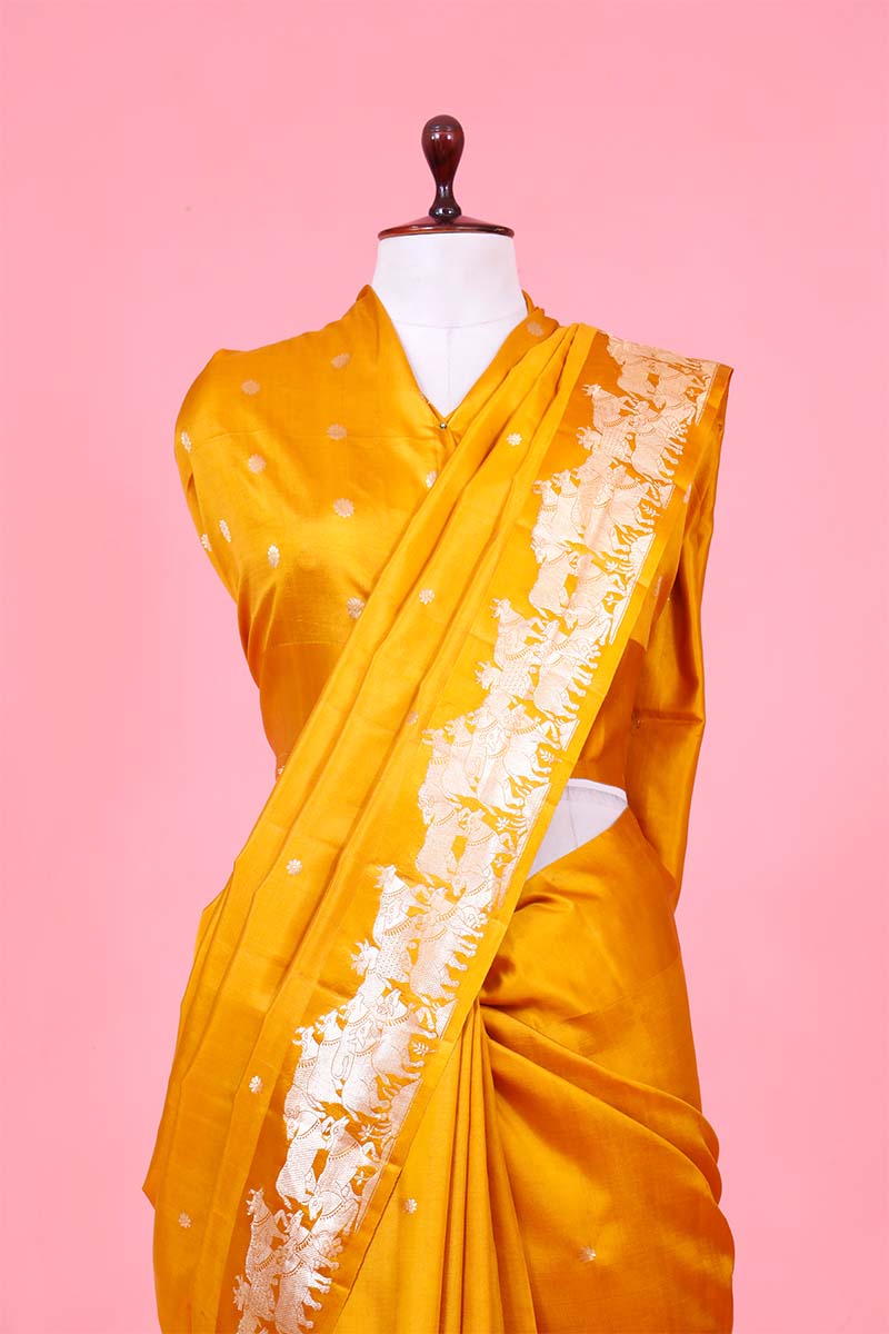 Yellow Handloom Banarasi Puna Silk Saree with Gokul Motifs