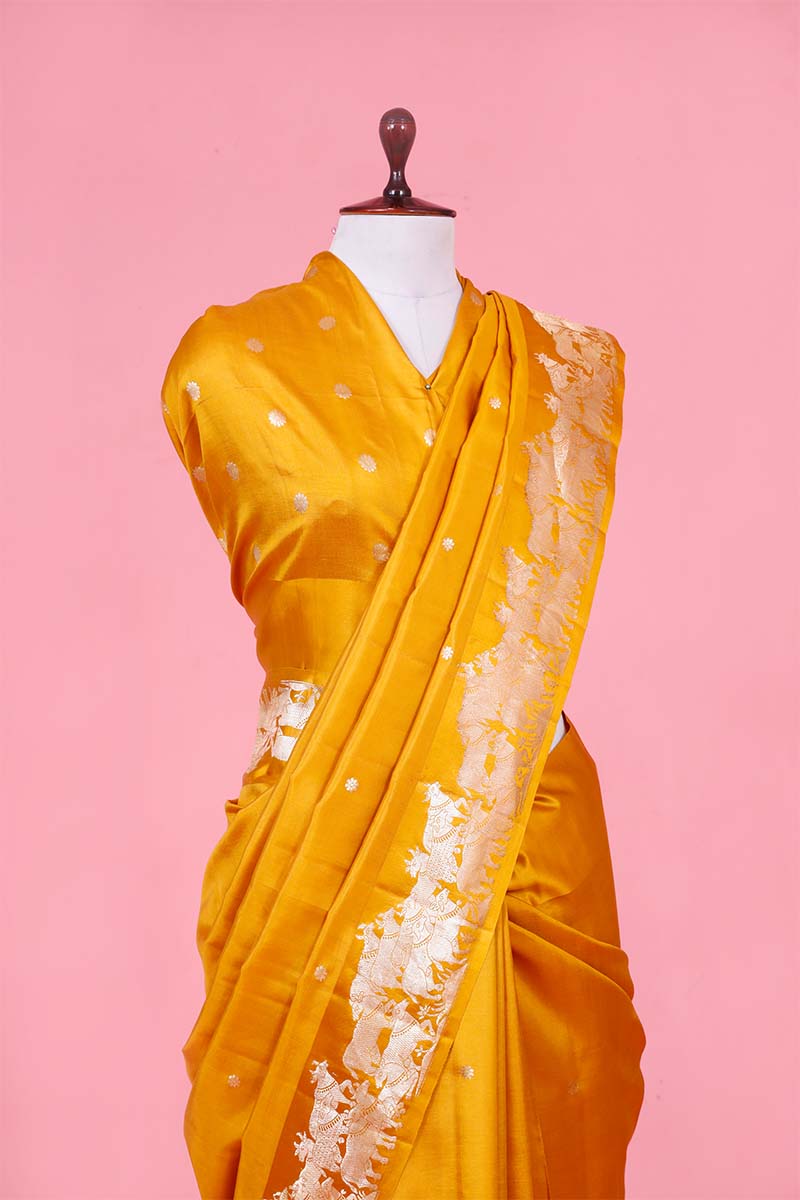 Yellow Handloom Banarasi Puna Silk Saree with Gokul Motifs