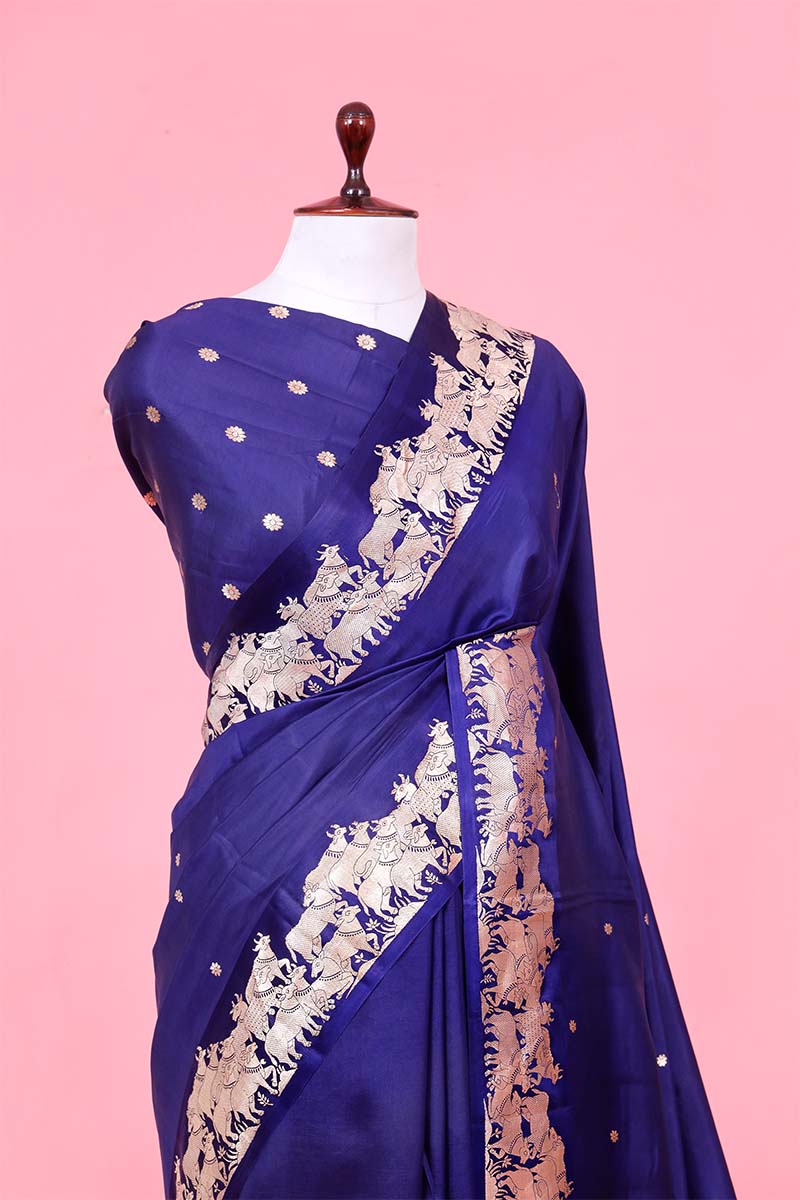 Navy Blue Banarasi Puna Silk Saree with Gokul Motifs