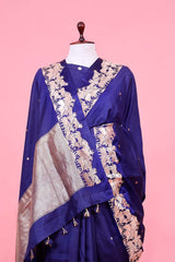 Navy Blue Banarasi Puna Silk Saree with Gokul Motifs