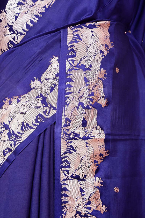 Navy Blue Banarasi Puna Silk Saree with Gokul Motifs