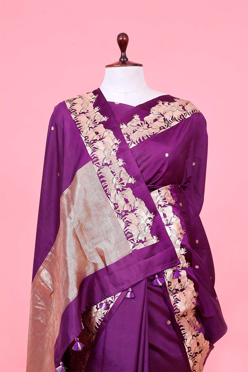 Deep Purple Banarasi Puna Silk Saree with Gokul Motifs