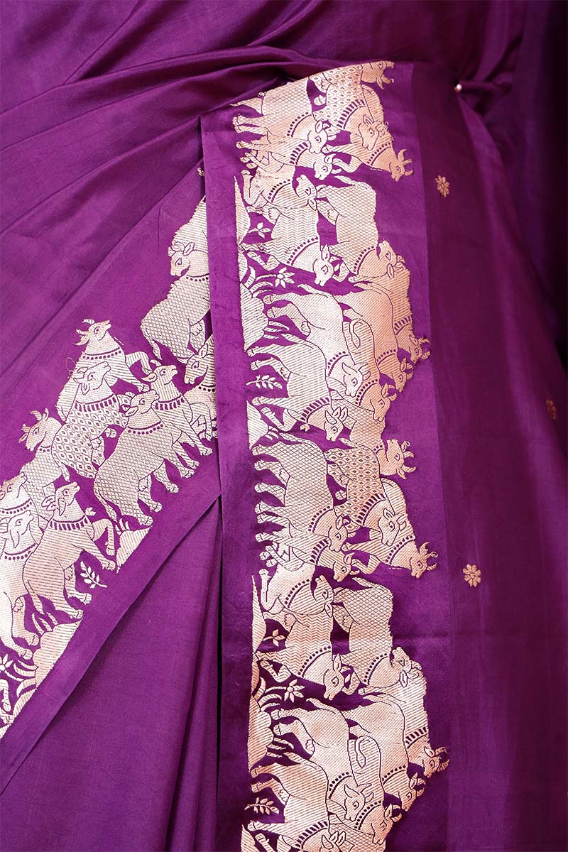 Deep Purple Banarasi Puna Silk Saree with Gokul Motifs