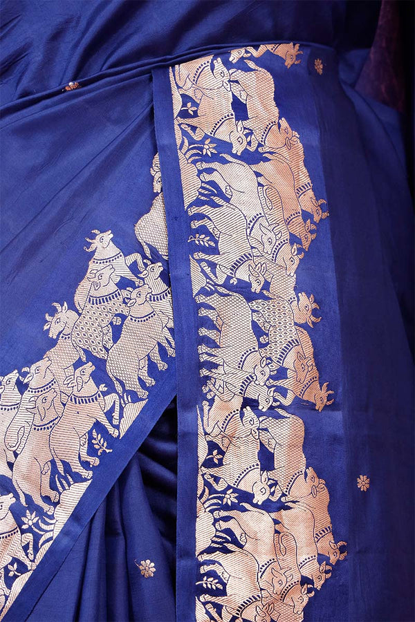 Royal Blue Handloom Silk Banarasi Saree with Gokul Motifs