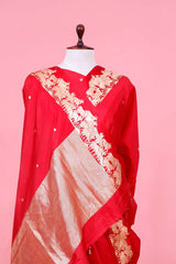 Red Handloom Puna Silk Banarasi Saree with Gokul Motifs