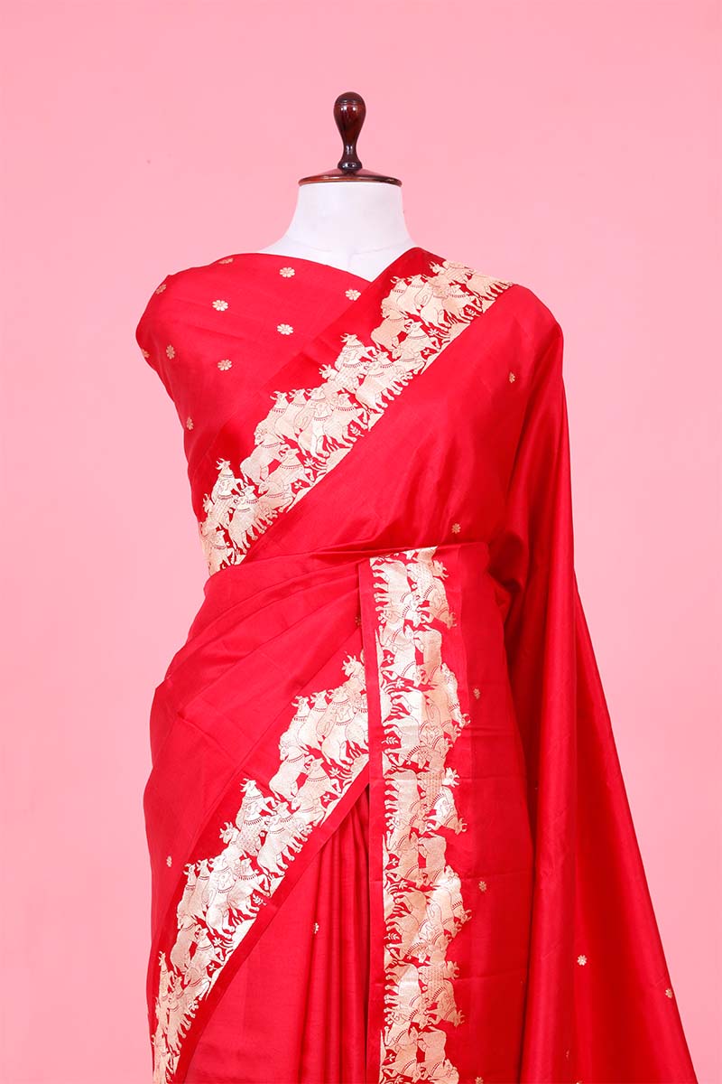 Red Handloom Puna Silk Banarasi Saree with Gokul Motifs