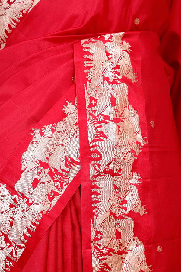 Red Handloom Puna Silk Banarasi Saree with Gokul Motifs