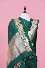 Bottle Green Handloom Puna Silk Banarasi Saree with Gokul Motifs