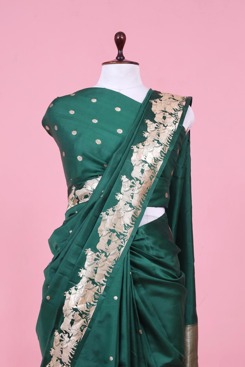 Bottle Green Handloom Puna Silk Banarasi Saree with Gokul Motifs