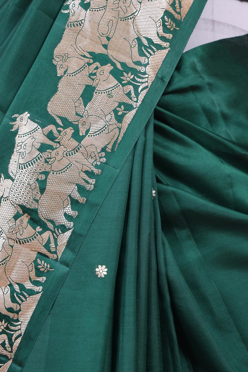 Bottle Green Handloom Puna Silk Banarasi Saree with Gokul Motifs