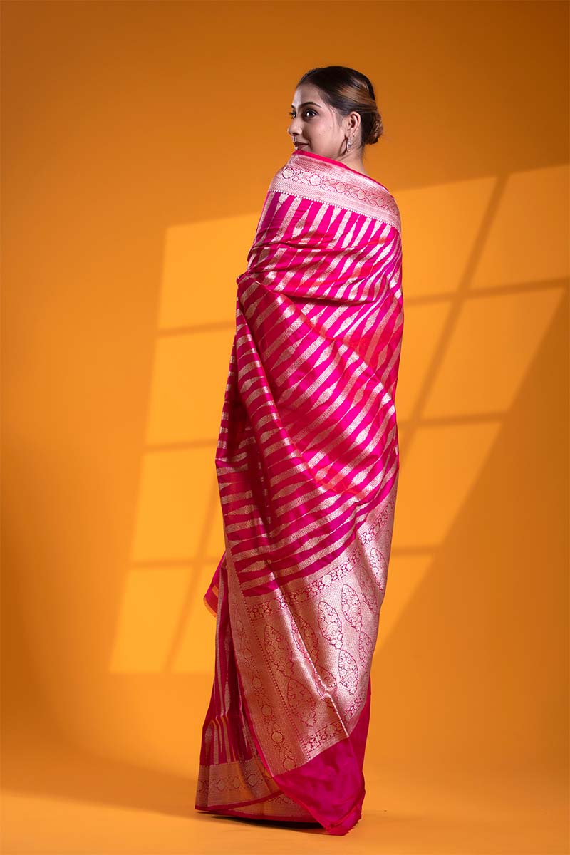 Rani Pink Handloom Satin Silk Banarasi Saree with Gold Zari Floral Stripes