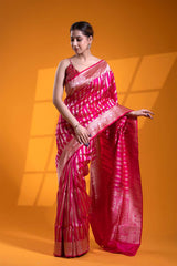 Rani Pink Handloom Satin Silk Banarasi Saree with Gold Zari Floral Stripes