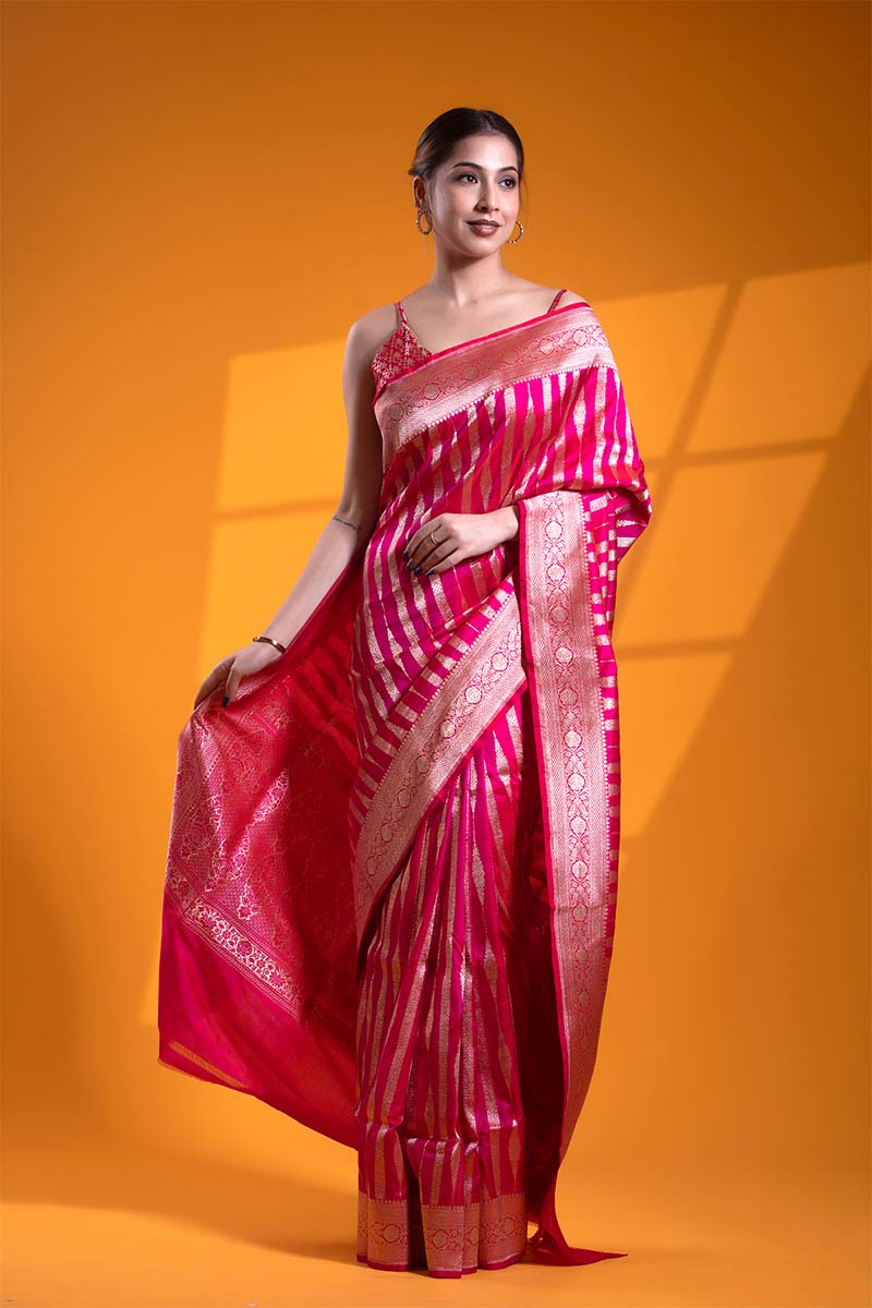 Rani Pink Handloom Satin Silk Banarasi Saree with Gold Zari Floral Stripes