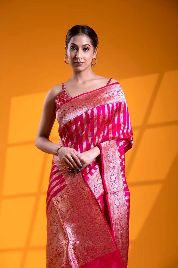 Rani Pink Handloom Katan Silk Banarasi Saree with Gold Zari Floral Stripes