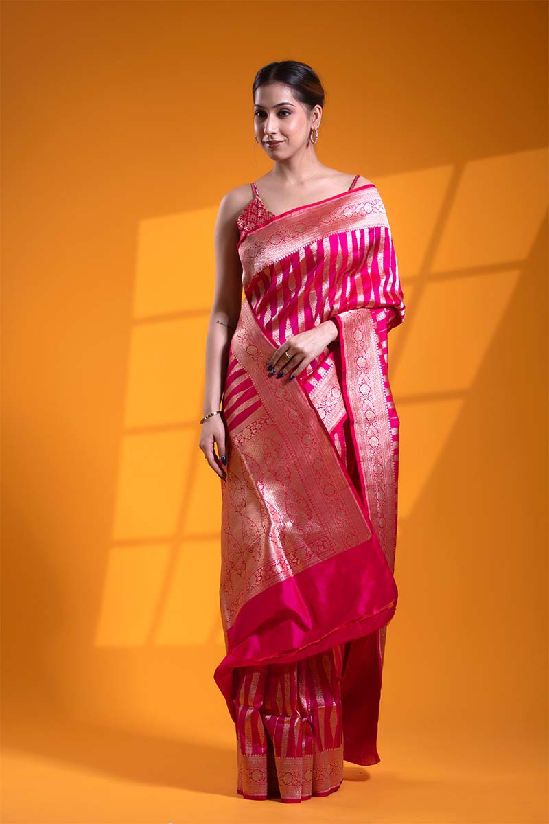 Rani Pink Handloom Satin Silk Banarasi Saree with Gold Zari Floral Stripes