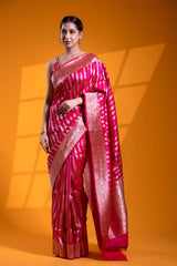 Rani Pink Handloom Satin Silk Banarasi Saree with Gold Zari Floral Stripes